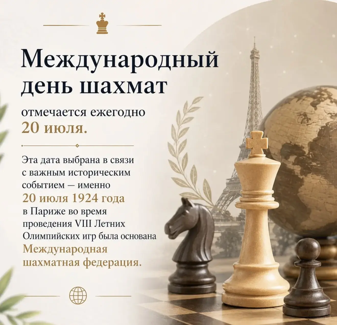 🏆 Международный день шахмат: праздник интеллекта и стратегии!

Сегодня, 20 июля, весь мир отмечает 