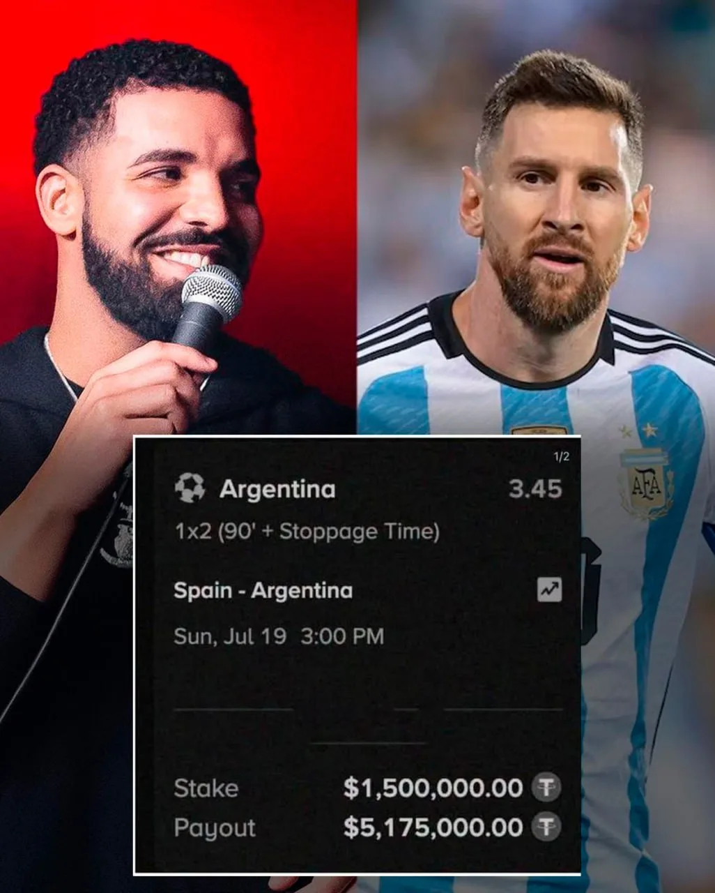 Дрейк поставил $1,5 млн на победу Аргентины в финале ЧМ-2026 против Испании. Если коман...