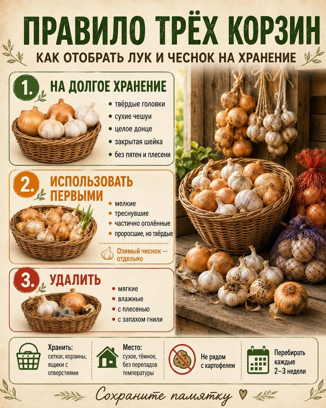 ПРАВИЛО ТРЁХ КОРЗИН: КАК ОТОБРАТЬ ЛУК И ЧЕСНОК НА ХРАНЕНИЕ 🧅Сначала просушите урожай 1...
