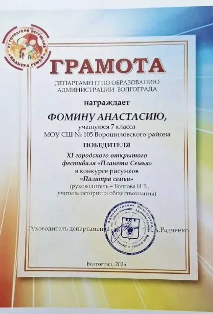 Поздравляем с заслуженной победой 🎉

Фомина Анастасия, ученица 7 класса, стала победителем XI город