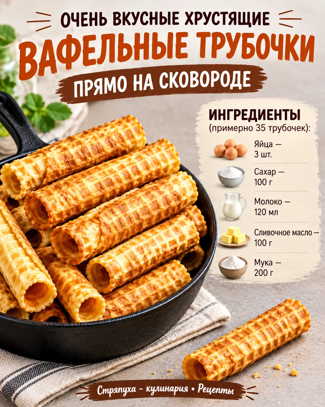 Хрустящие вафельные трубочки на сковороде🥰