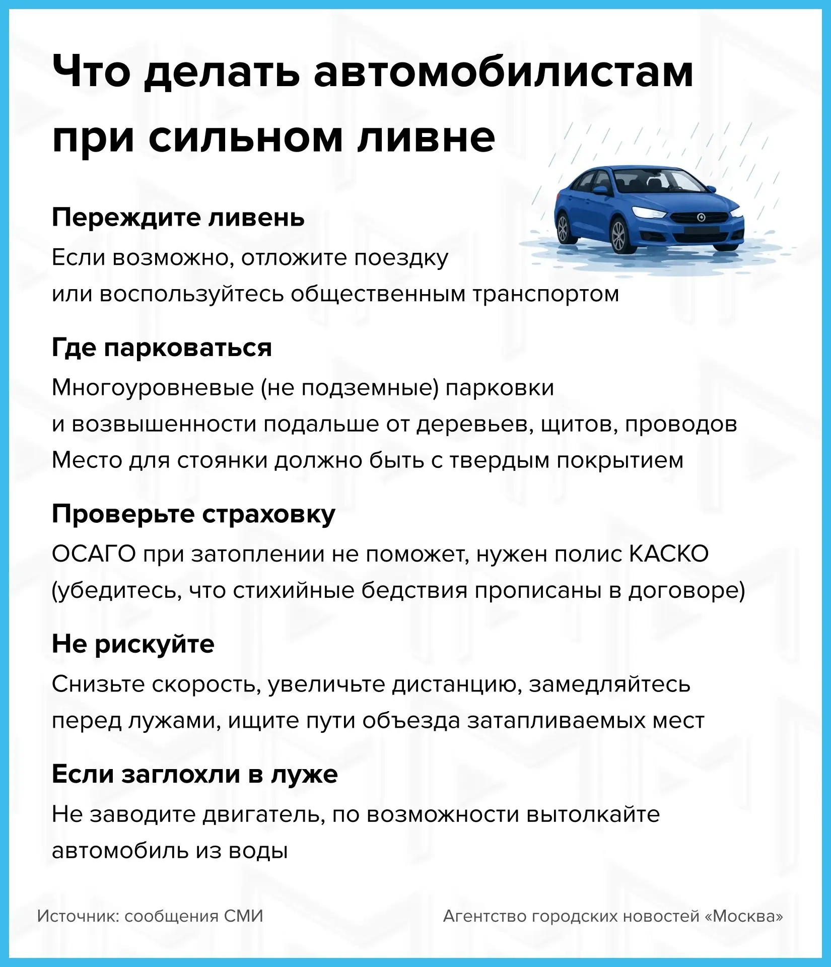 Порядок действий для автомобилистов на фоне сильных дождей в Москве.