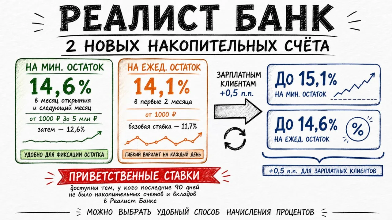 🏦 Реалист Банк: 2 новых накопительных счёта до 15,1%

⚡ У Реалист Банка появились сразу 2 новых НС.