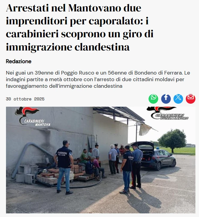 🇮🇹Двое граждан Молдовы продавали своих соотечественников в "трудовое рабство" в Италии.