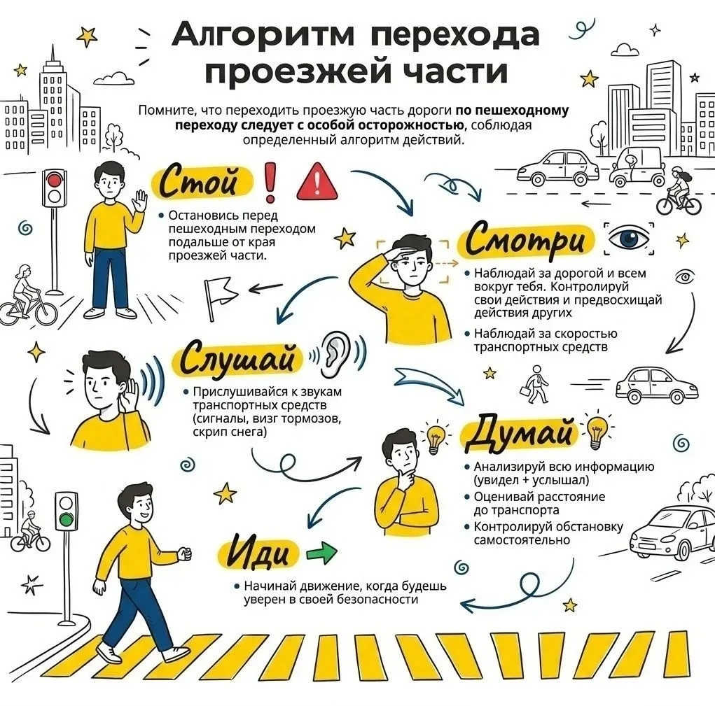 Помни алгоритм перехода проезжей части:  ✅ «Стой» – остановись перед пешеходным переходом подальше о
