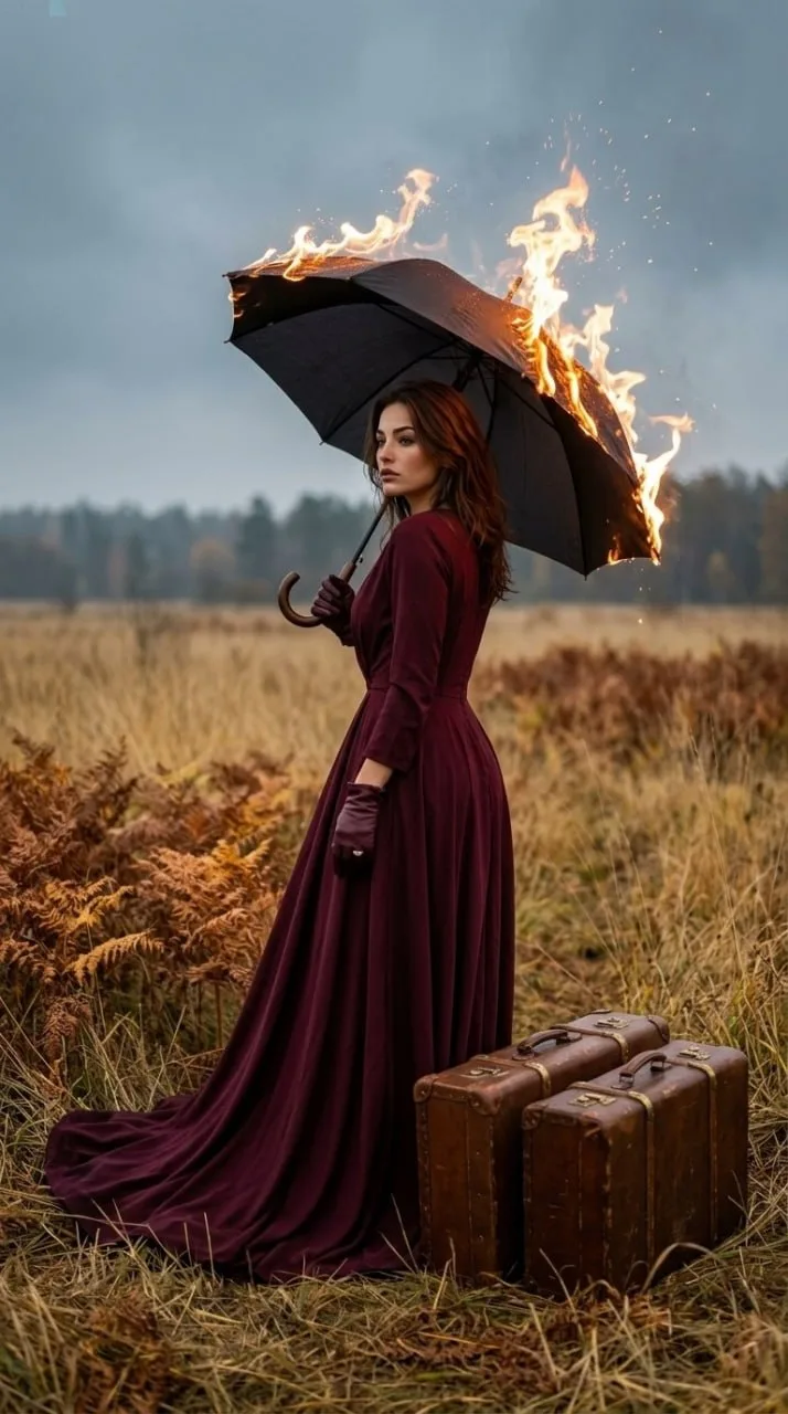 Промпт - девушка с горящим зонтом и чемоданами в осеннем поле😍