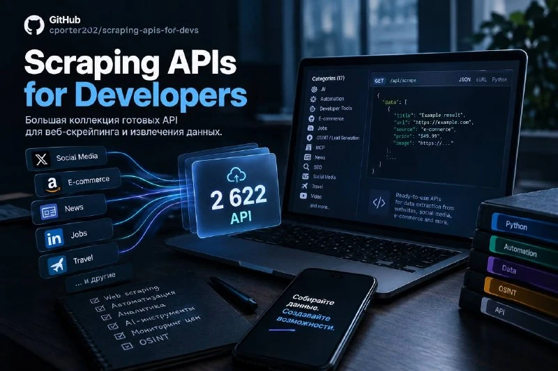 🖥 Репозиторий: Scraping APIs for Developers⁠ — большая коллекция готовых API для веб-с...