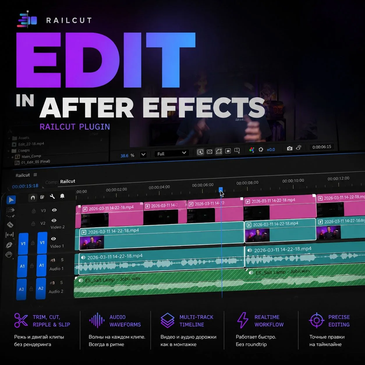 Редактировать в After Effects - реально.
Railcut - это плагин для After Effects, который превращает 
