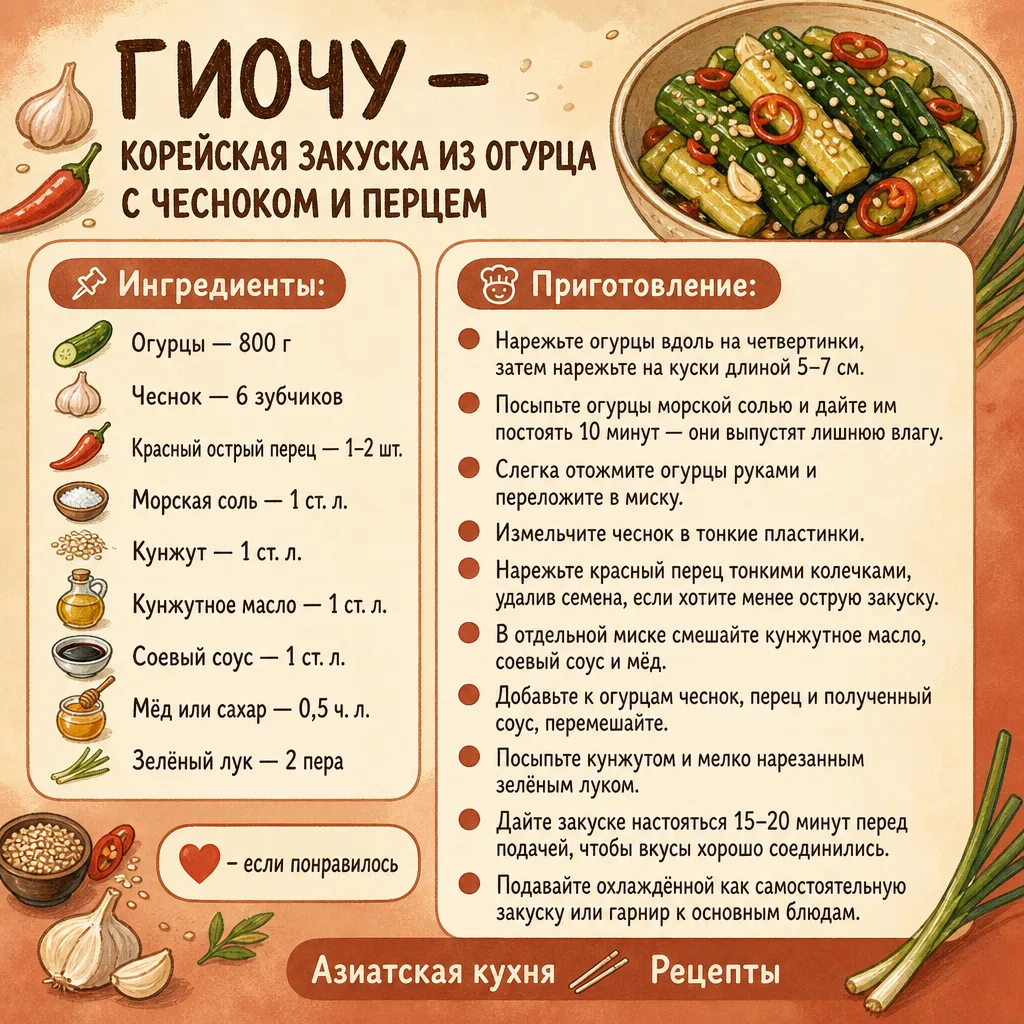 🥒 ГИОЧУ — КОРЕЙСКАЯ ЗАКУСКА ИЗ ОГУРЦА С ЧЕСНОКОМ И ПЕРЦЕМ

Гиочу — хрустящая и ароматная корейская 