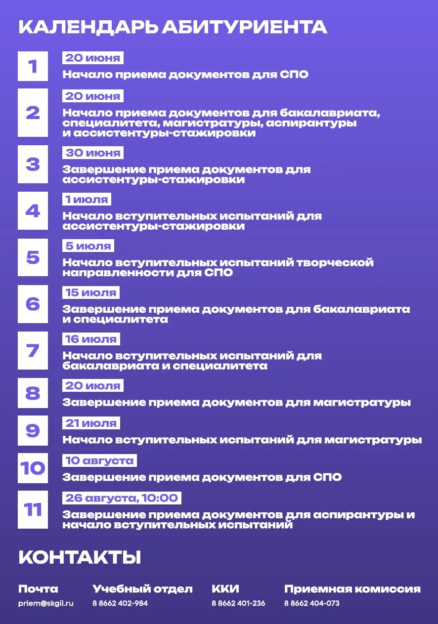 Публикуем календарь важных дат для абитуриента СКГИИ

Расписание вступительных экзаменов уже на наше