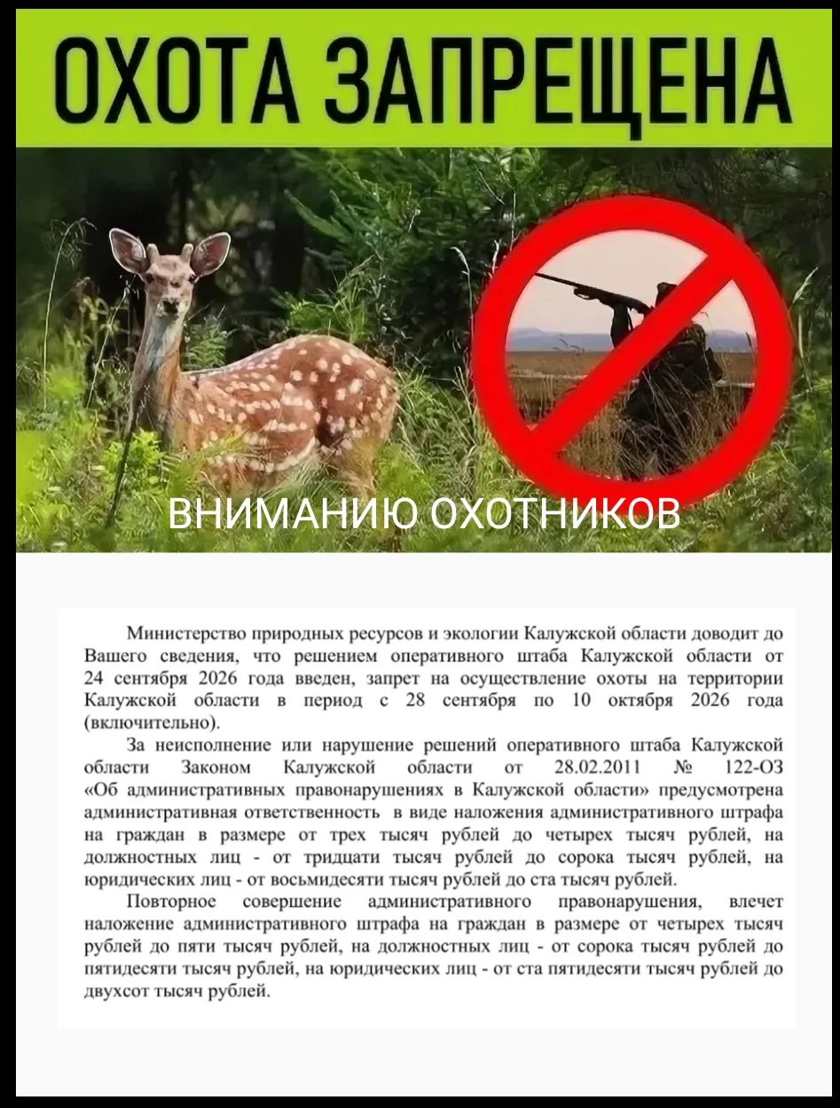 Дополнительно напоминаем, что нахождение в охотничьих угодьях Калужской области физичес...
