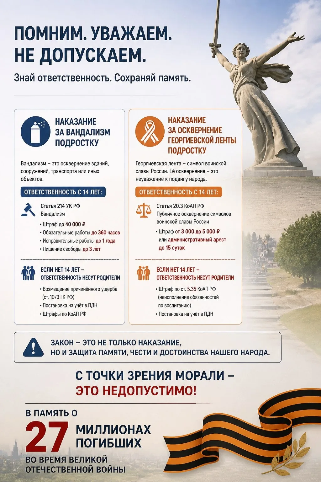 📢 Напоминаем о последствиях вандализма и осквернения символов воинской славы!  Дорогие ребята и уваж