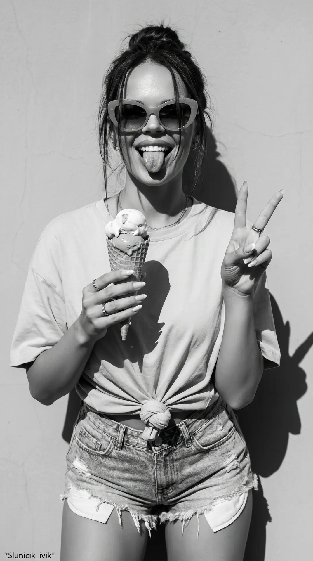 Ultra-realistic fashion editorial photo, black-and-white high-fashion magazine style. Woman standing