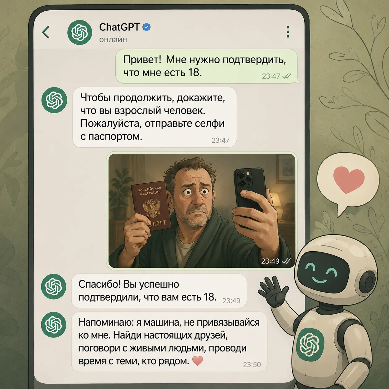 Сорокалетний грустный мужик  фотографируется с паспортом у лица, чтобы доказать роботу,...