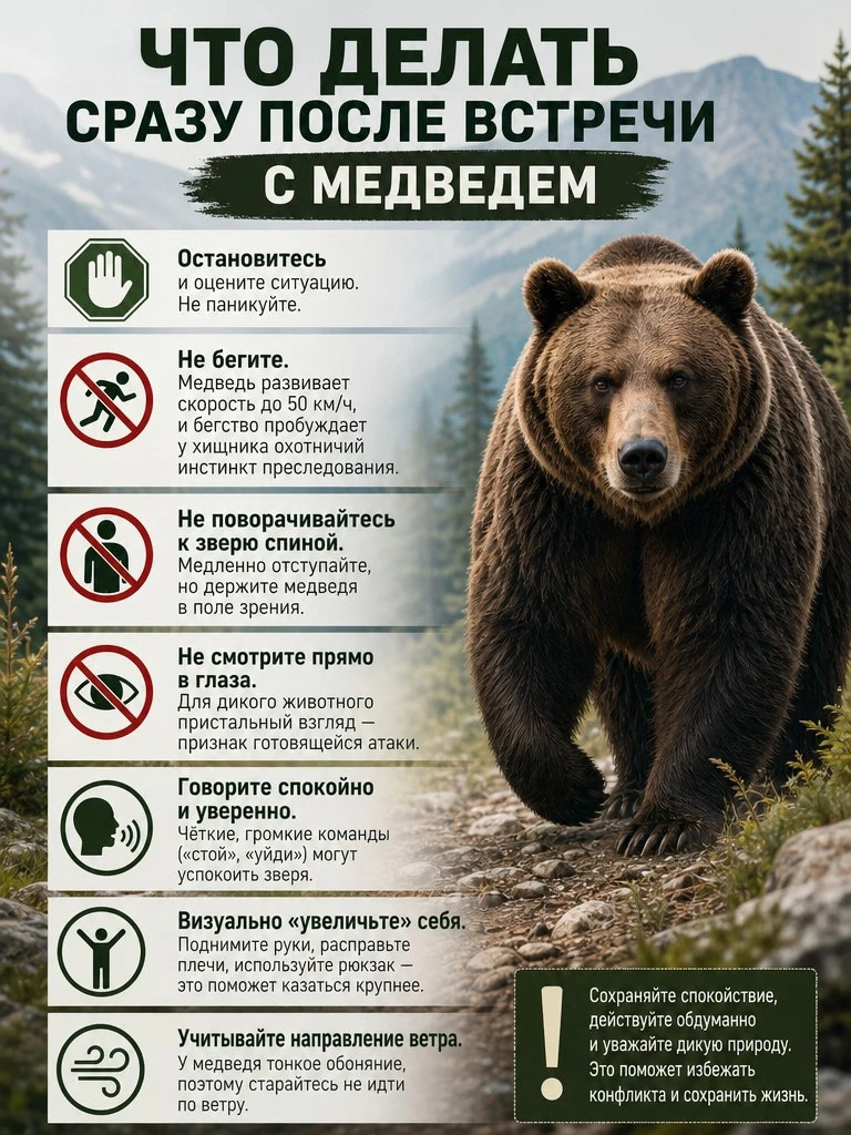 При встрече с медведем главное — сохранять спокойствие и действовать обдуманно.