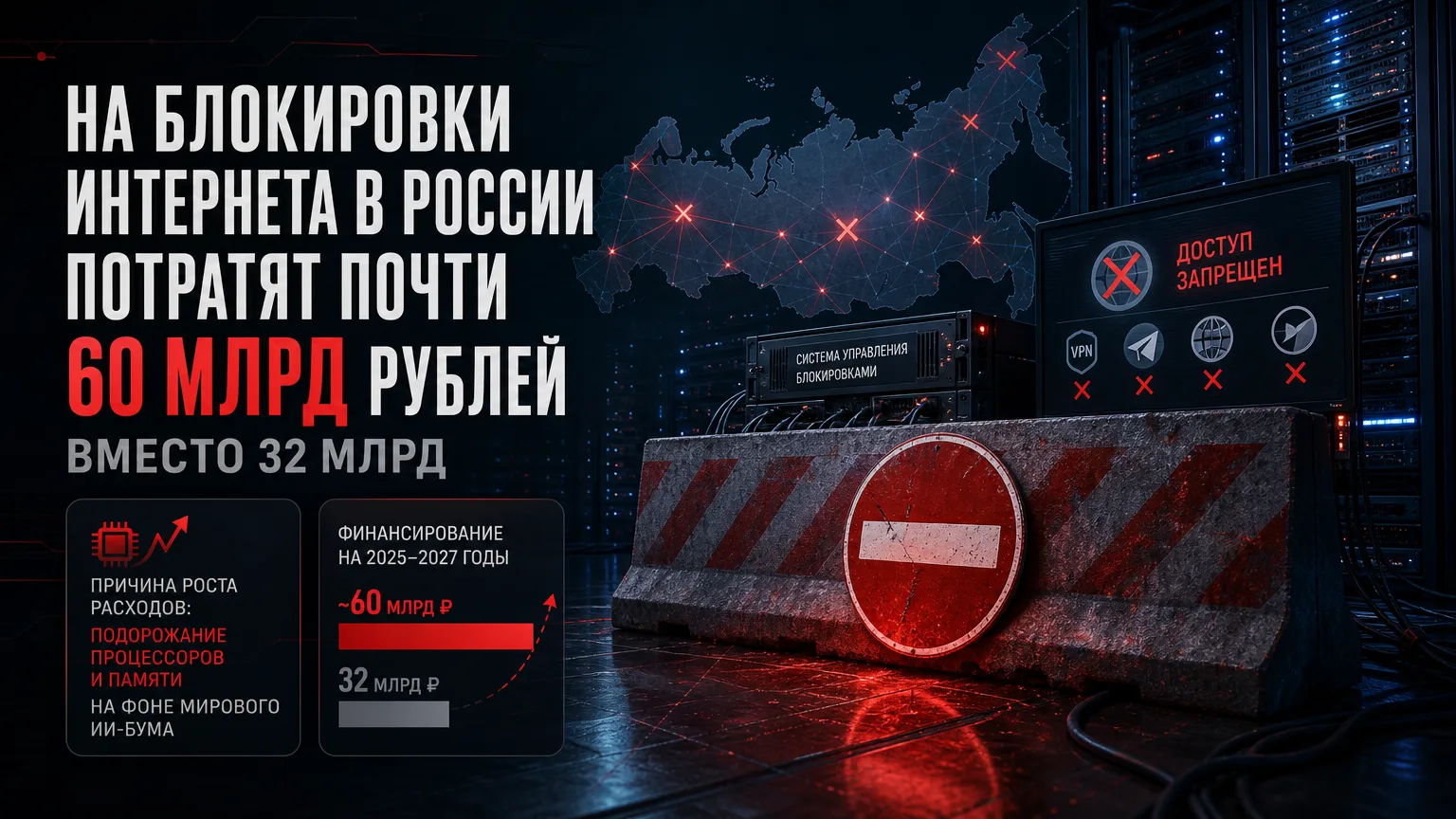 🌐 На блокировки интернета в России потратят почти 60 млрд рублей вместо 32 млрд