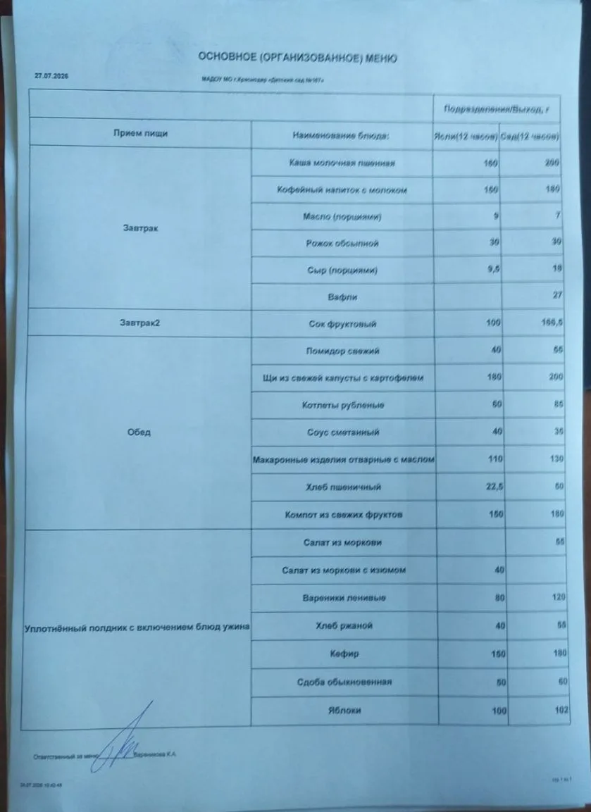 Меню 27.07