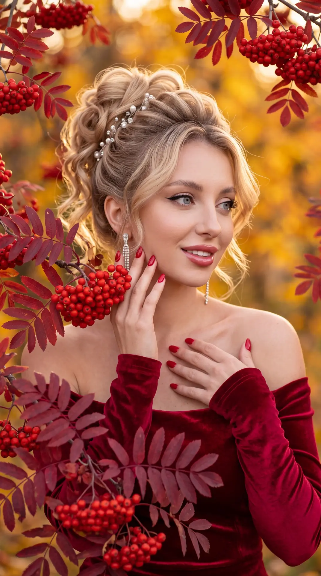 Шикарное женское фото с гроздьями красной рябины ❤️‍🔥❤️‍🔥❤️‍🔥
