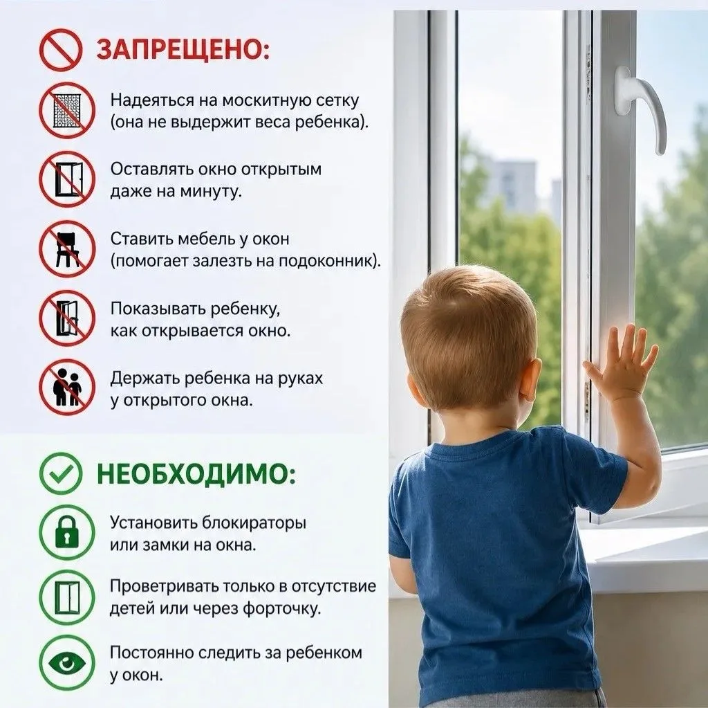 Напоминаем о безопасности детей у открытых окон.

ЗАПРЕЩЕНО:
- Надеяться на москитную сетку (она не 