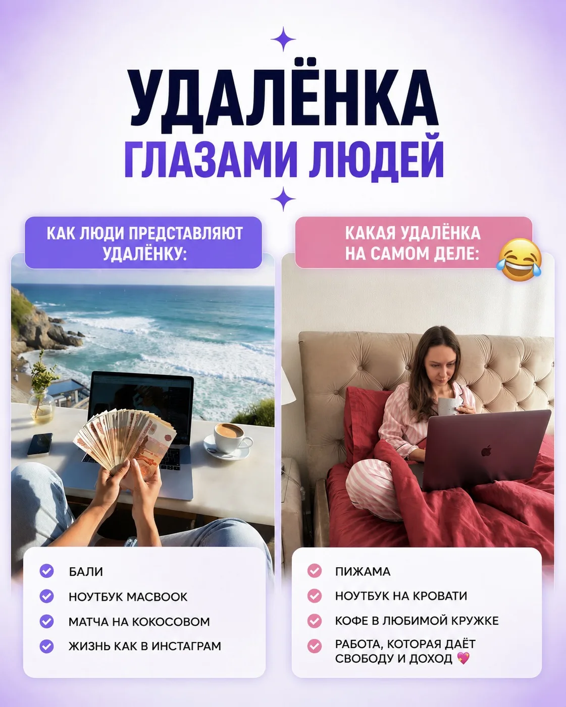 Кто до сих пор думает, что удалёнка – это лежать на Бали с MacBook, пить матчу на кокос...