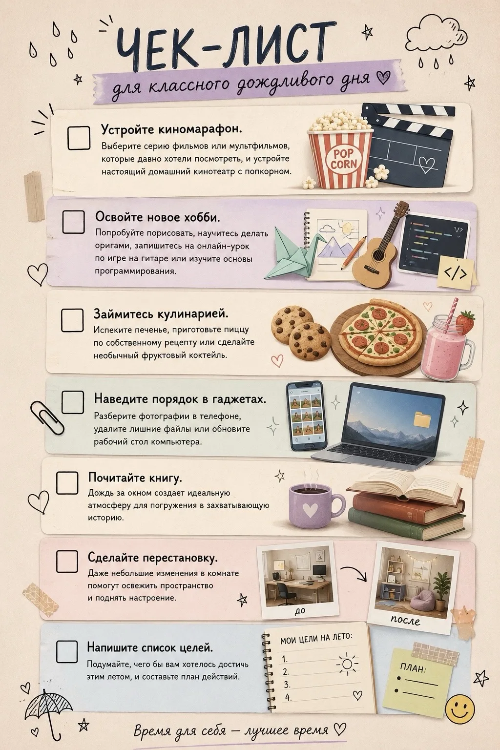 Дождливый день — не повод для скуки!
Июнь радует теплом, но иногда погода готовит нам сюрприз в виде