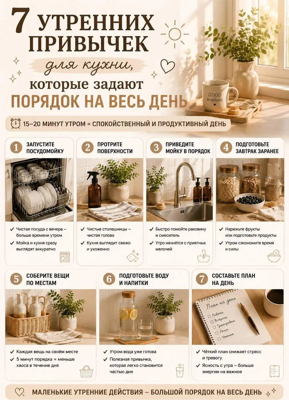 ✨ 7 привычек для порядка на кухне
 
🧽 Сразу мойте посуду
 
📦 Возвращайте всё на свои места
 
🧹 Пр