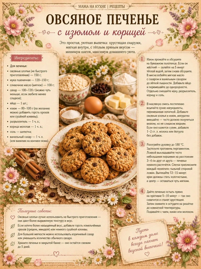 🌸 Овсяное печенье с изюмом и корицей 🌸