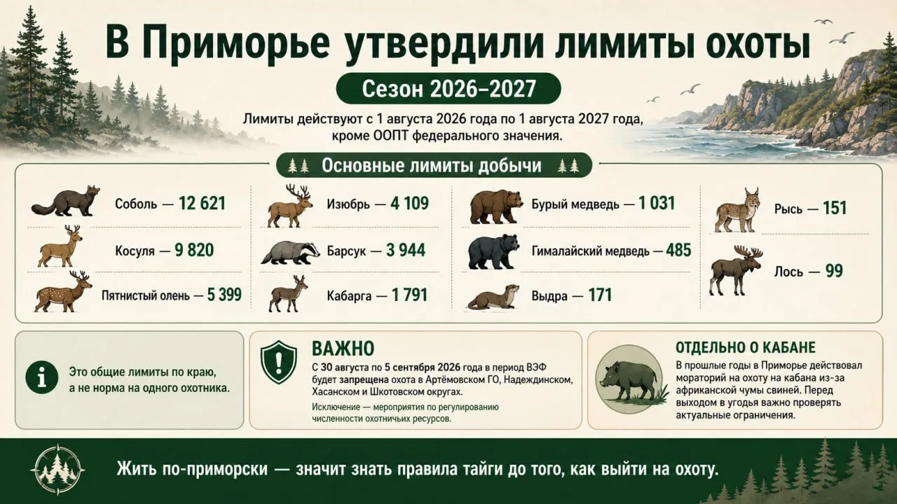 Лимиты охоты в Приморье на 2026–2027 годы