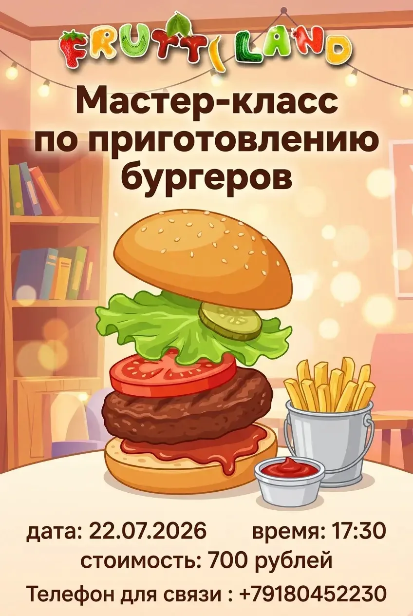 Уже завтра в нашем кафе «Фрутти Ленд» пройдет крутой мастер-класс по приготовлению бургеров 🤩 Запис