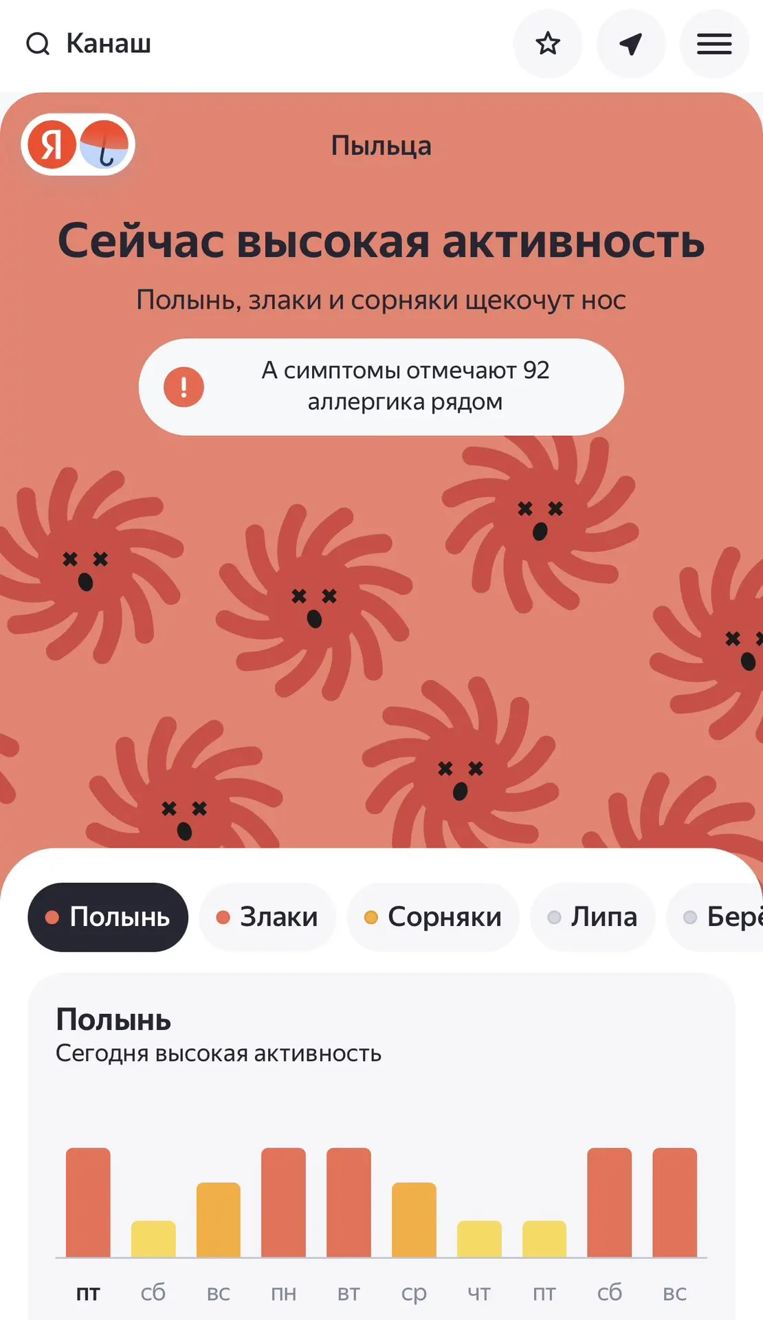 🤧 Сегодня в городе высокая концентрация пыльцы из‑за цветения сорняков, полыни и злаков

К выходным