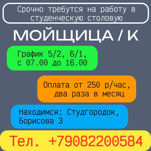 Мойщица/к в студенческую столовую