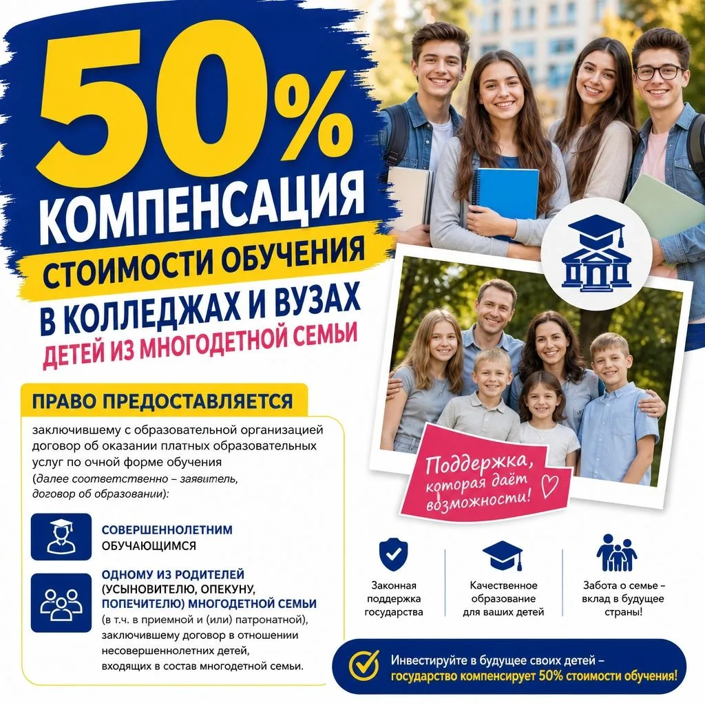 Компенсация в размере 50 % стоимости обучения в колледжах и вузах предоставляется детям...