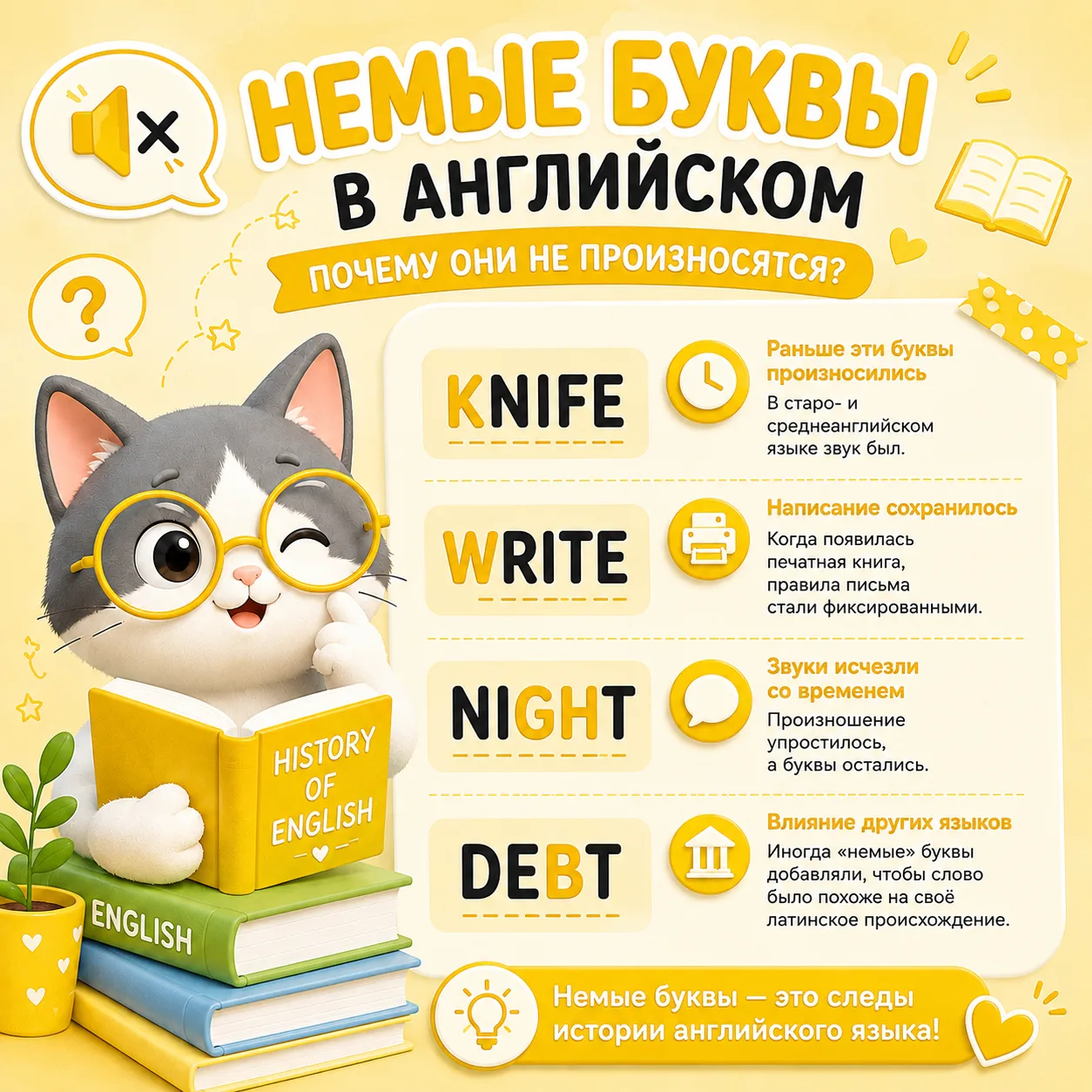 🔇 Почему в английских словах есть буквы, которые мы не произносим?