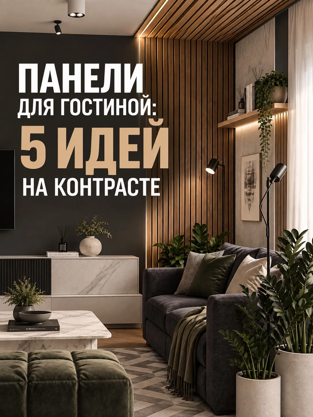 Собрали 5 идей с панелями для гостиной: от лёгких реек до графитовых 3D. Всё построено ...