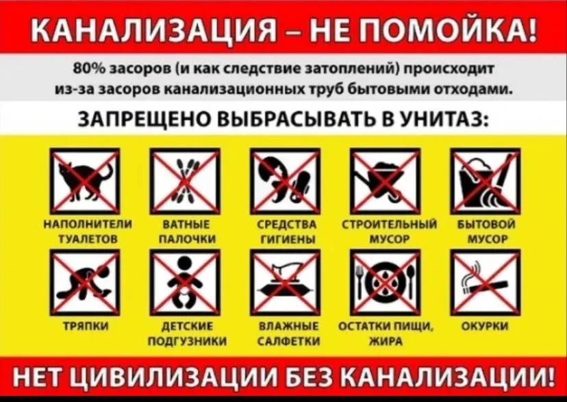 УВАЖАЕМЫЕ ЖИТЕЛИ!
Убедительно просим Вас НЕ ВЫБРАСЫВАТЬ в канализацию пищевые отходы, тряпки, пампер