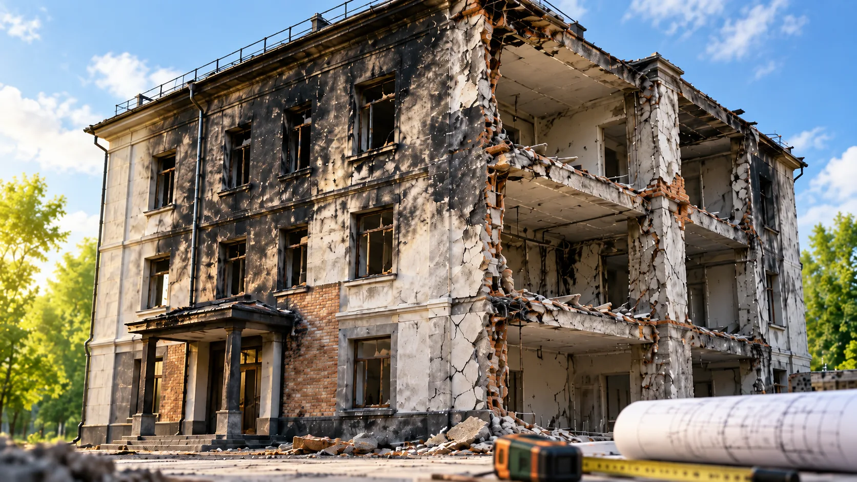Здание пережило пожар. Проекта реконструкции нет. Расчёты выполнить невозможно. Но эксп...