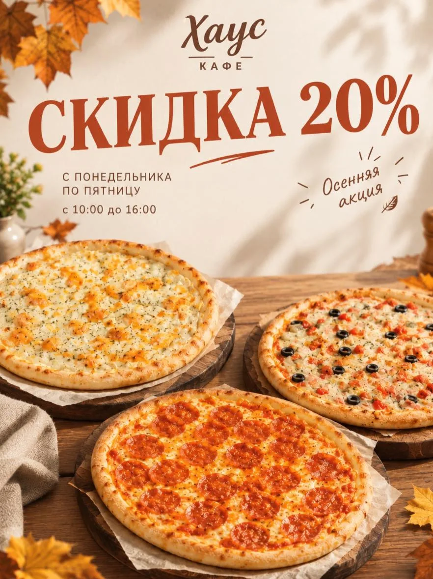 В «Хаус КАФЕ» действует скидка -20% на любую пиццу 🍕