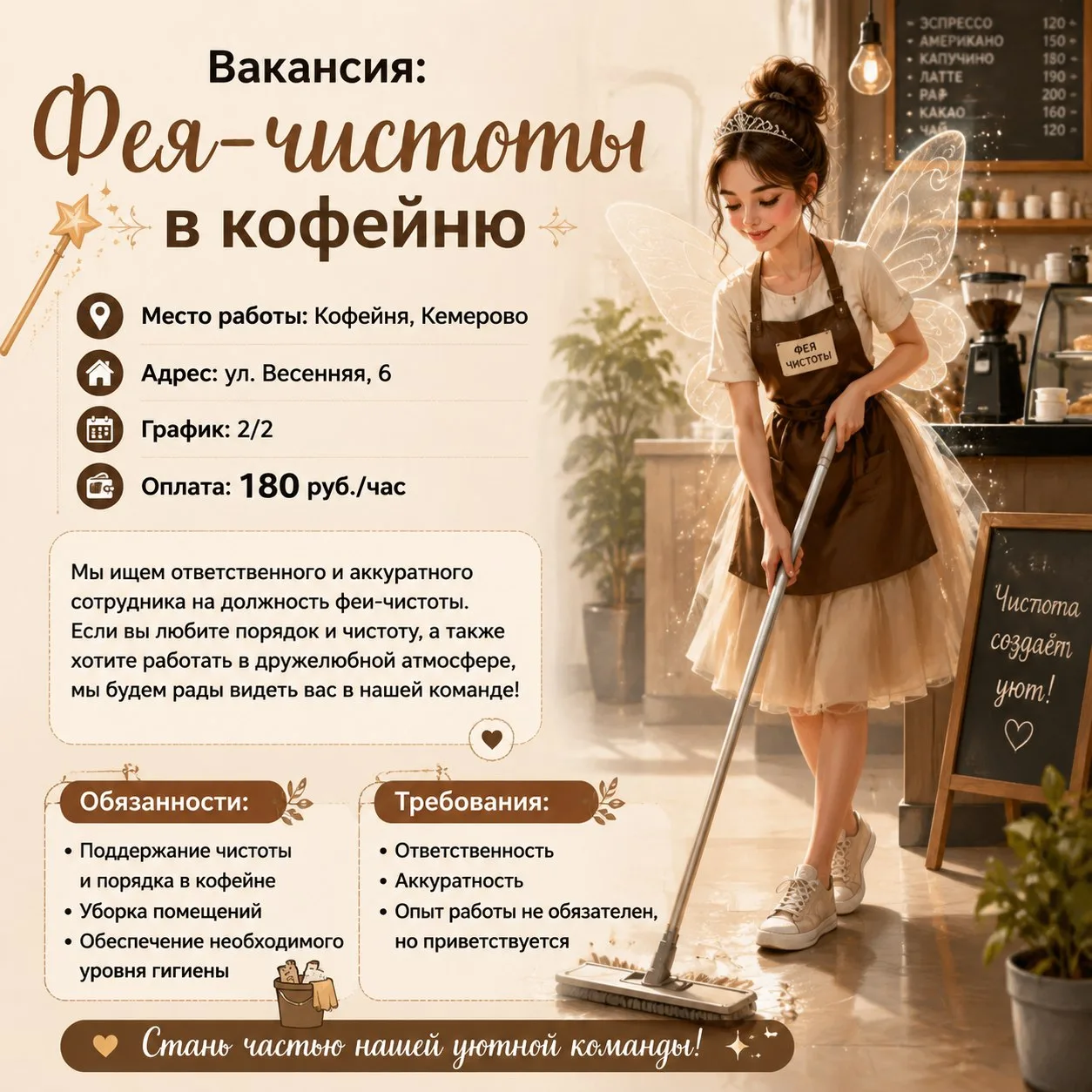 Вакансия: Фея-чистоты в кофейню

Место работы: Кофейня, Кемерово  
Адрес: ул. Весенняя, 6  
График: 