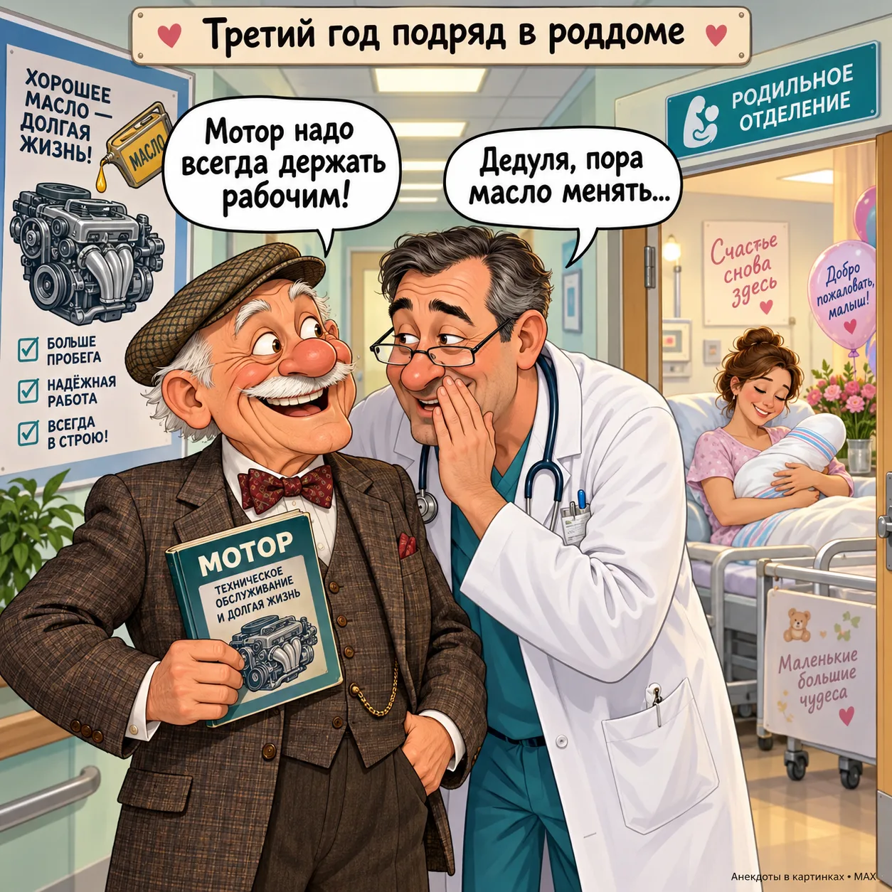 Старик женился на молодой. Через год дед привёз её рожать.