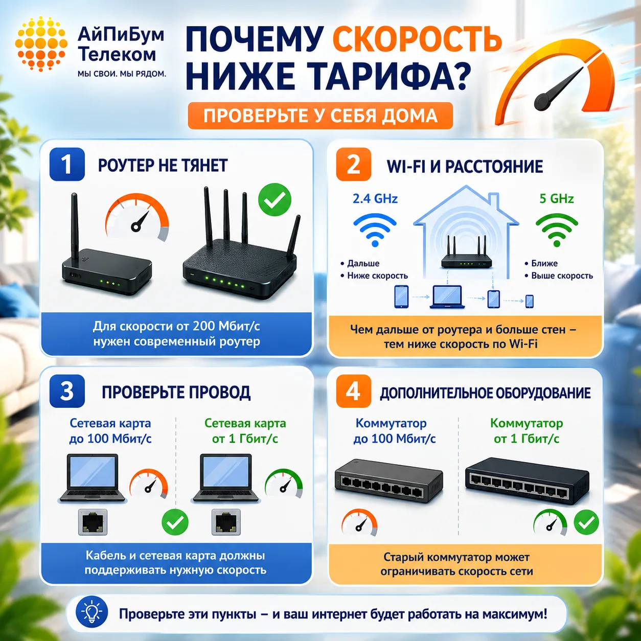 📶 Почему скорость интернета может быть ниже тарифа?

Часто причина находится не у провайдера, а в д