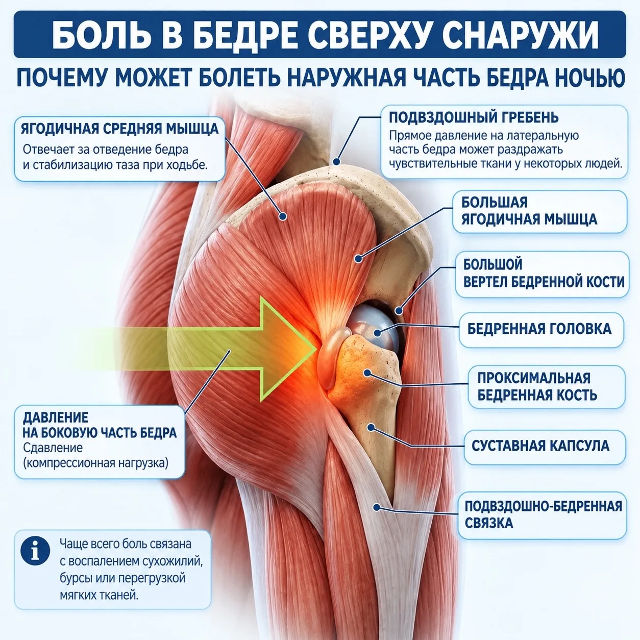 Боль в бедре у любителей спать на боку: почему внешняя сторона бедра болит ночью