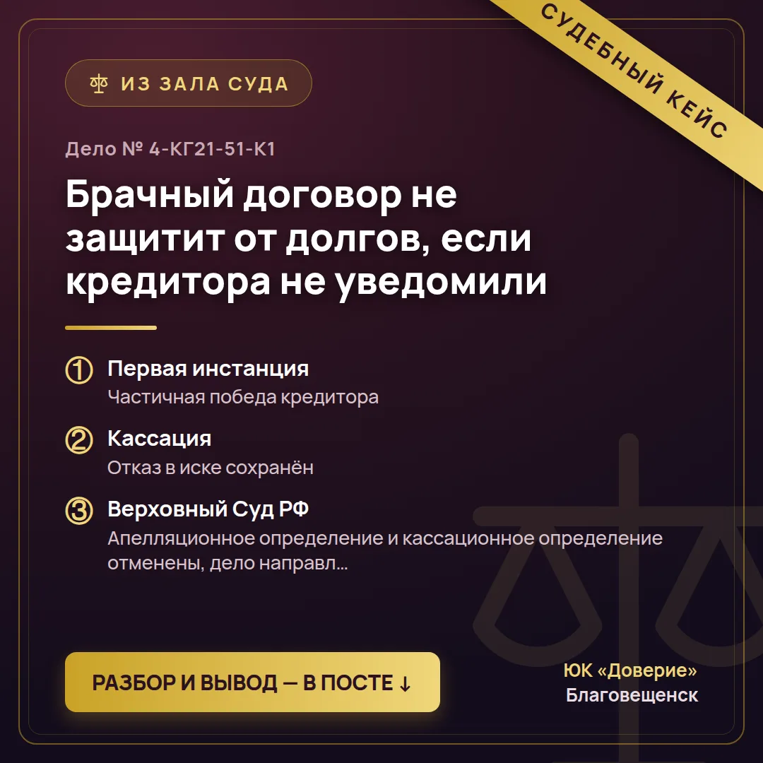 ⚖️ Брачный договор не защитит от долгов, если кредитора не уведомили