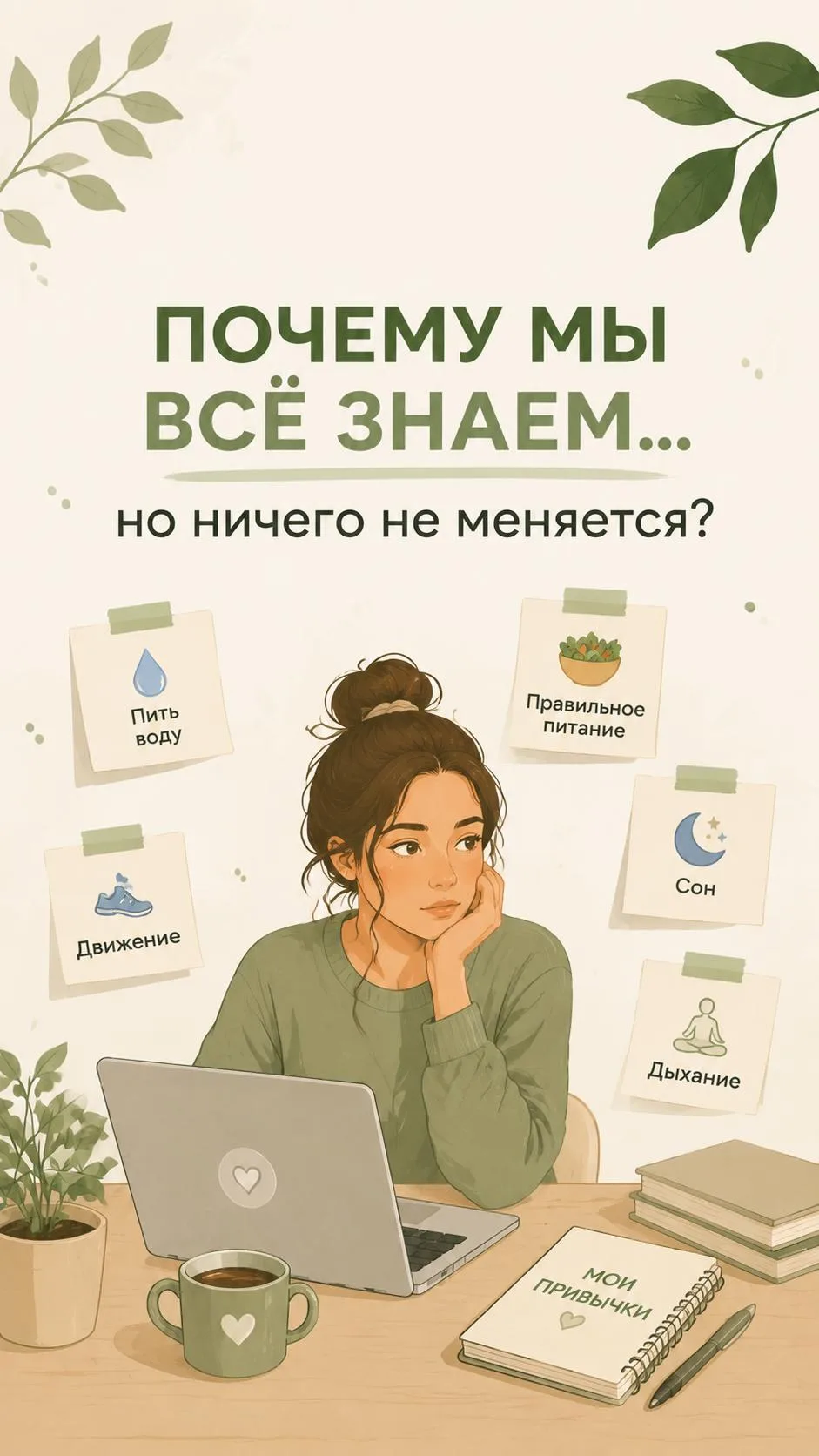 Почему мы всё знаем… но ничего не меняется?
Мы знаем, что нужно пить больше воды.
Знаем, что полезно