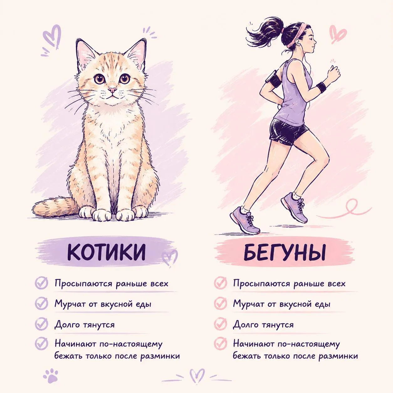 🐈🏃‍♀️ Найдите 5 отличий: котики vs бегуны
