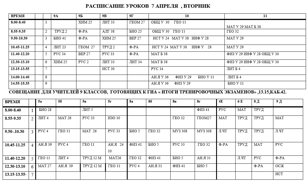 Расписание уроков на вторник 7.04