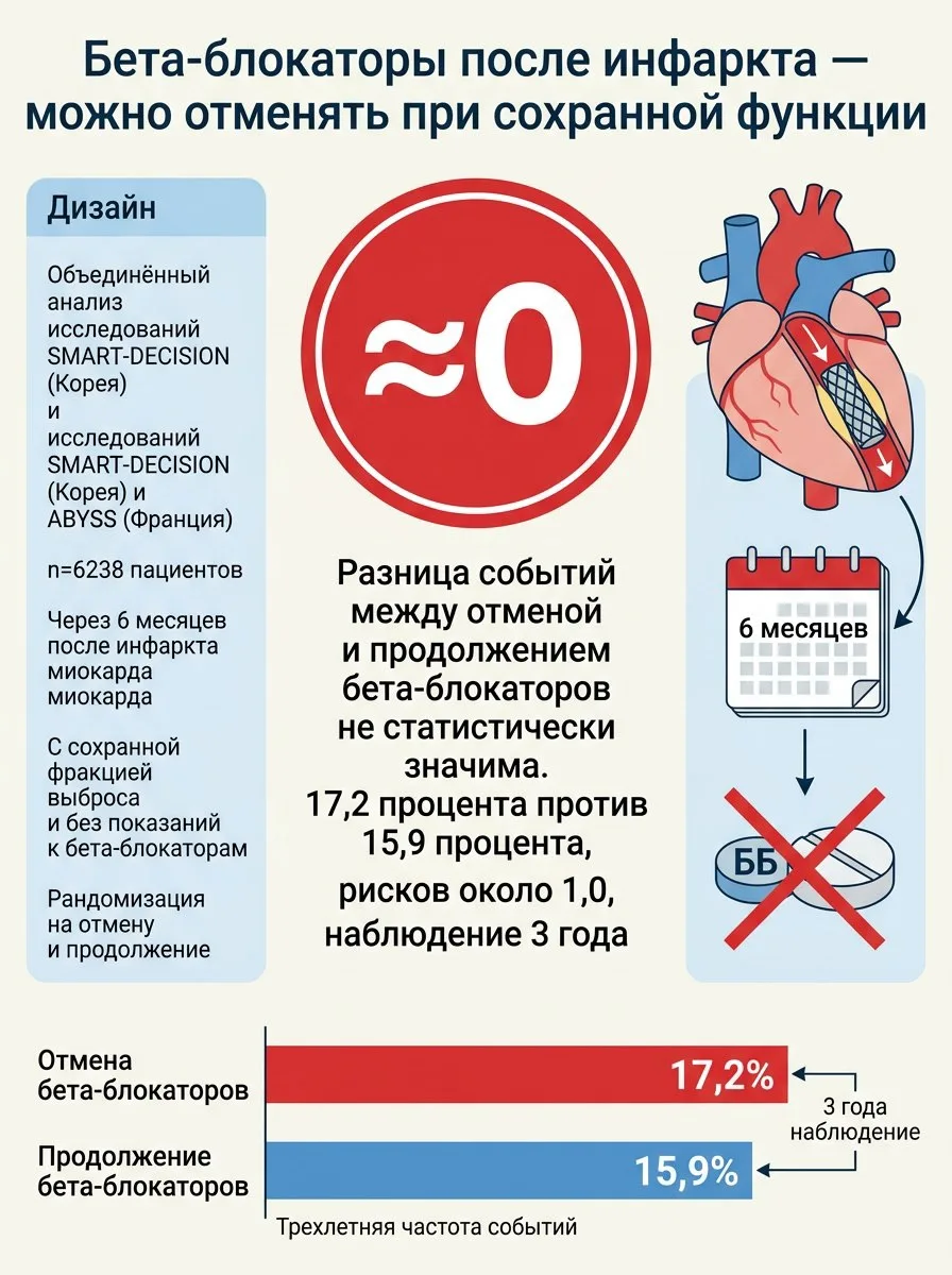 Через шесть месяцев после инфаркта миокарда, когда функция сердца восстановилась и нет ...