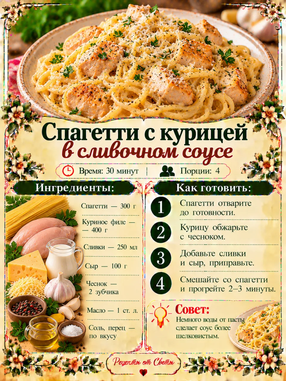 🍝 Спагетти с курицей в сливочном соусе