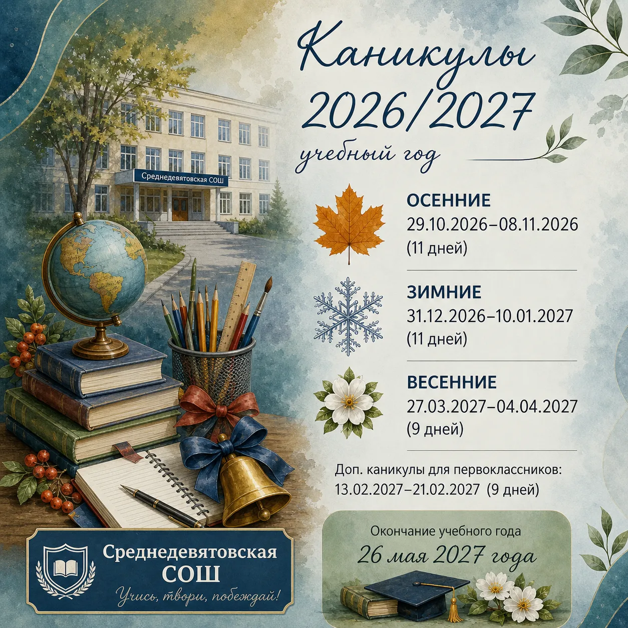 График школьных каникул на 2026/2027 учебный год 📚