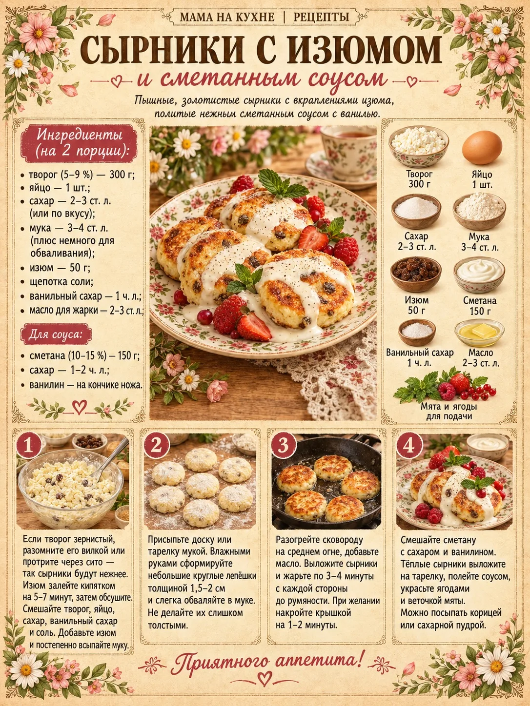 🌸 Сырники с изюмом и сметанным соусом 🌸