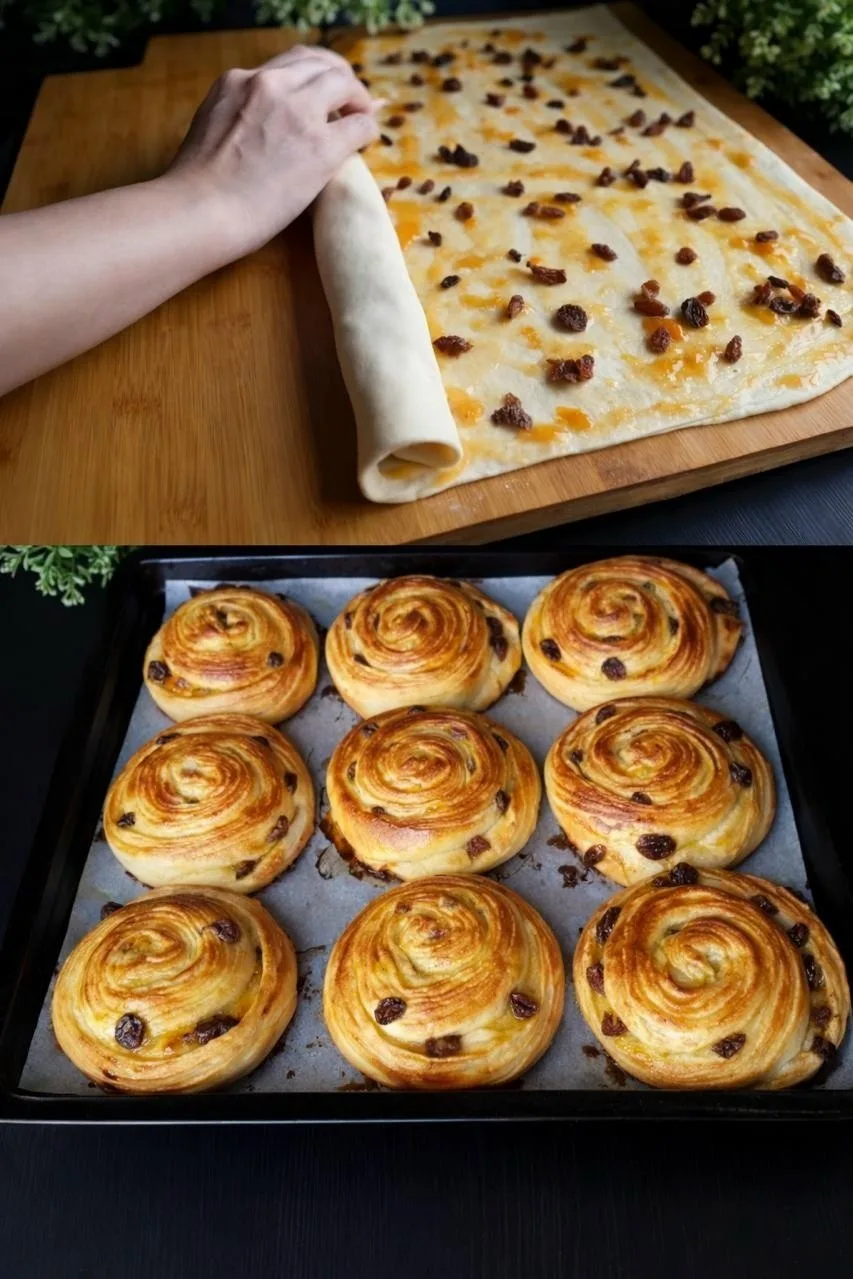 ВОЗДУШНЫЕ СЛОЁНЫЕ БУЛОЧКИ С ДЖЕМОМ И ИЗЮМОМ